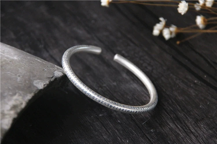 S999 Sterling Silver Retro Style Bracelet Men's Pure Silver Heart Meridian Open Bracelet - Touch Bling