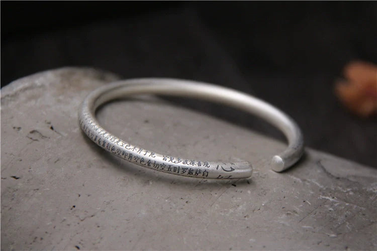 S999 Sterling Silver Retro Style Bracelet Men's Pure Silver Heart Meridian Open Bracelet - Touch Bling