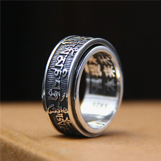 Rotatable Tibetan Sanskrit Six Character Mantra Sterling Silver Ring - Touch Bling