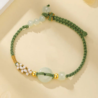 Pulsera trenzada con piedras de Buda, jade hetiano, hebilla de la paz, flor de durazno y suerte