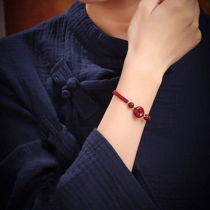 Buddha Stones Natürliches Zinnober-Armband mit Friedensschnalle und Segensschnur 