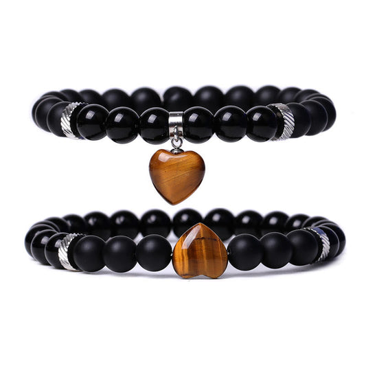 Pulsera de pareja con piedras de Buda, 2 unidades, cristal de ónix negro, protección del corazón y el amor