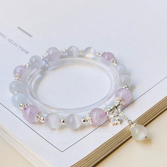 Pulsera de amatista natural ojo de gato con piedras de Buda en plata de ley 925 y conciencia espiritual.