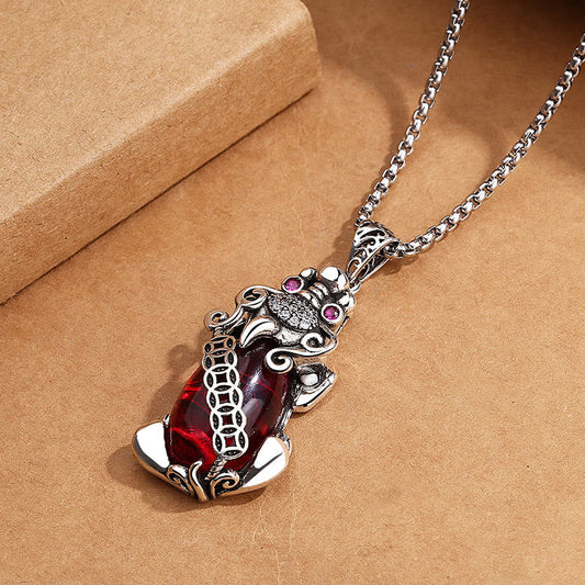 Colgante de collar con moneda de cobre, granate y Pixiu de Buda, para la suerte y la riqueza