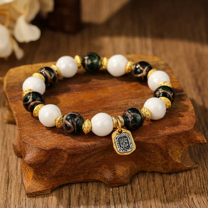 Pulsera de protección con cuentas de porcelana, ceniza de incienso y vidrio Liuli, con amuleto tibetano Zakiram, diosa de la riqueza