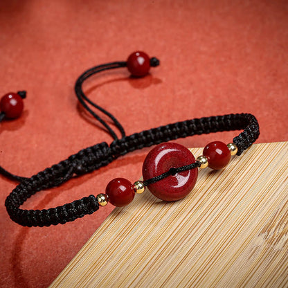 Buddha Stones Natürliches Zinnober-Armband mit Friedensschnalle und Segensschnur 