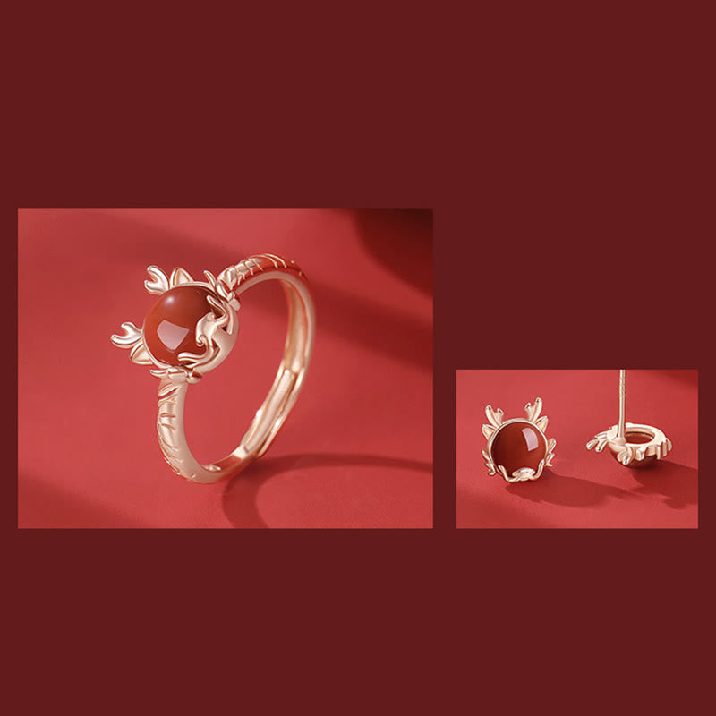 Buddha Stones 925 Sterling Silver Year of the Dragon Cinnabar Red Agate Dragon Protection Bracelet Necklace Pendant Earrings Ring