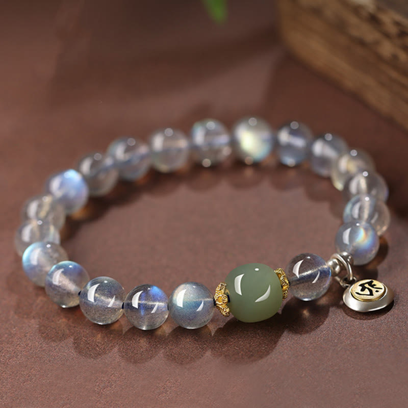 Pulsera positiva de jade hetiano con piedras de Buda del zodíaco chino, plata de ley 925 y piedra lunar natural. 