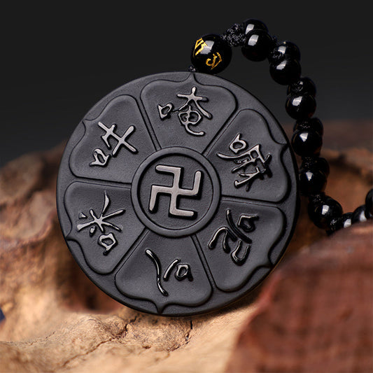 Collar con colgante de obsidiana negra natural tibetana con esvástica de Buda Om Mani Padme Hum y piedras de Buda 