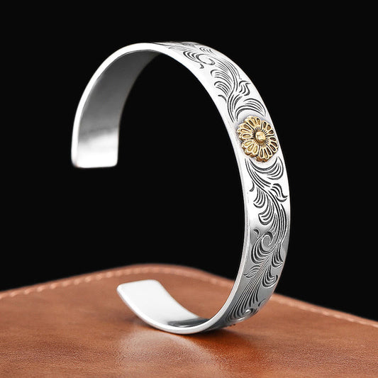 Buddha Stones Tang Dynastie Blumendesign Rose Blume Feder geschnitzt Kupfer Glück Armband Armreif