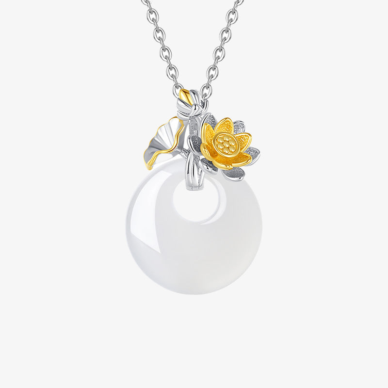 Collar con colgante de flor de armonía de doce meses de calcedonia redonda de plata de ley 925 con piedras de Buda 