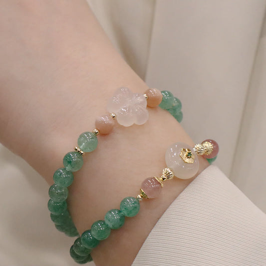 Pulsera de gratitud con flor de calcedonia y cuarzo fresa verde natural de Buddha Stones