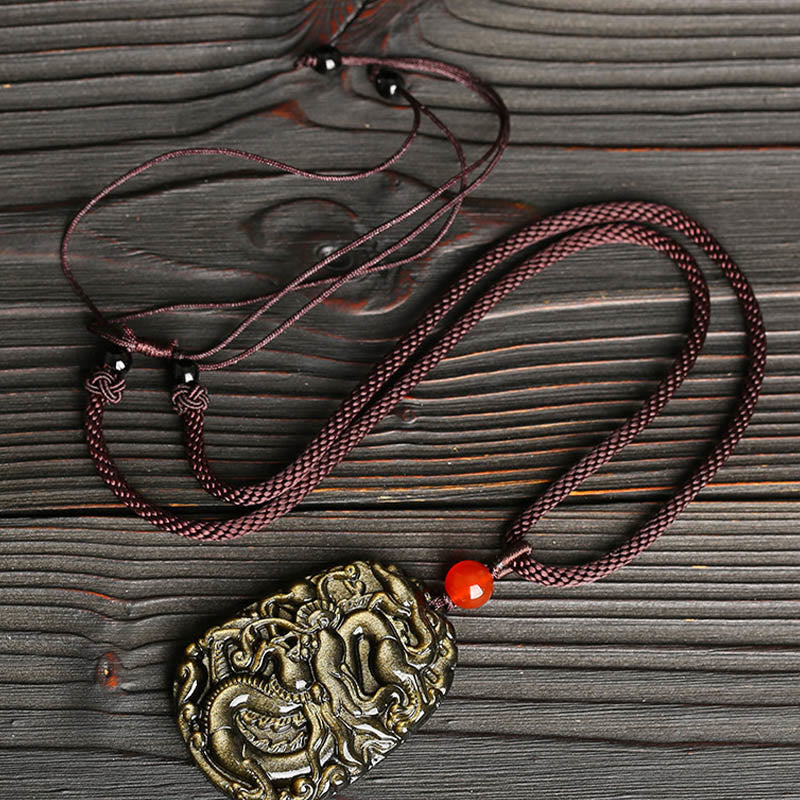 Collar con colgante de éxito con diseño de dragón de obsidiana con brillo dorado y piedras de Buda 