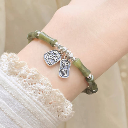 Buddha Stones 925 Sterling Silver Bamboo Jade Lucky Cat Fu Character Luck Abundance Bracelet