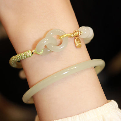 Pulsera trenzada con cuentas de jade hetiano natural de Buda y doble hebilla de paz con carácter Fu 