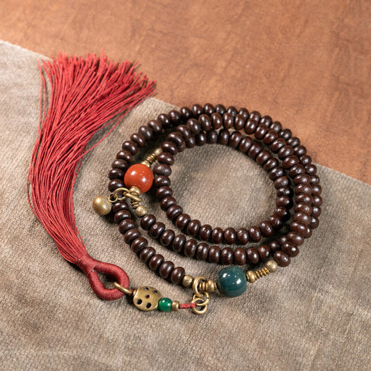 Pulsera de la suerte con 108 cuentas de mala tibetanas naturales y semillas de bodhi moradas