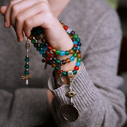 Pulsera tibetana con 108 cuentas de mala de Buda, cuentas de vidrio Liuli multicolores, zodíaco chino, nueve palacios, ocho diagramas