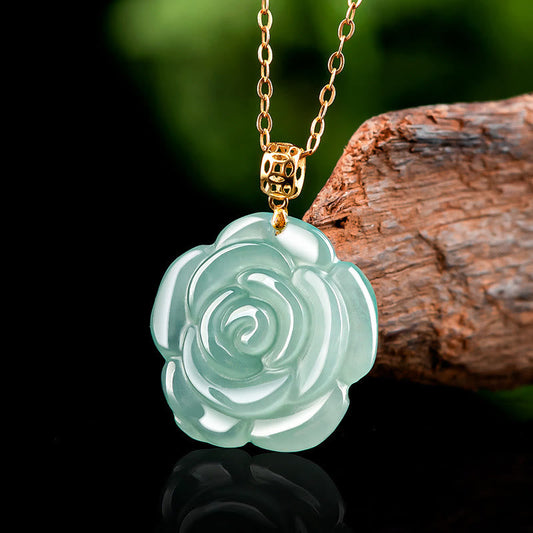 Collar con colgante de jade natural y rosa de la suerte en oro de 18 quilates y plata de ley 925 con piedras de Buda 