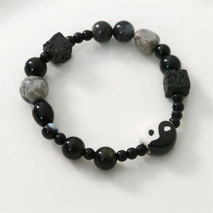 Pulsera de protección de la fortuna Yin Yang con cuentas de jaspe Picasso de ónix negro y piedras de Buda