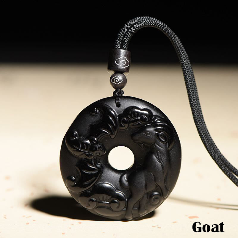 Collar con colgante de obsidiana negra natural con piedras de Buda y hebilla de fuerza del zodiaco chino