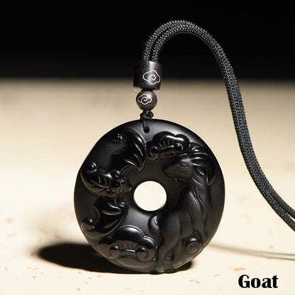 Collar con colgante de obsidiana negra natural con piedras de Buda y hebilla de fuerza del zodiaco chino