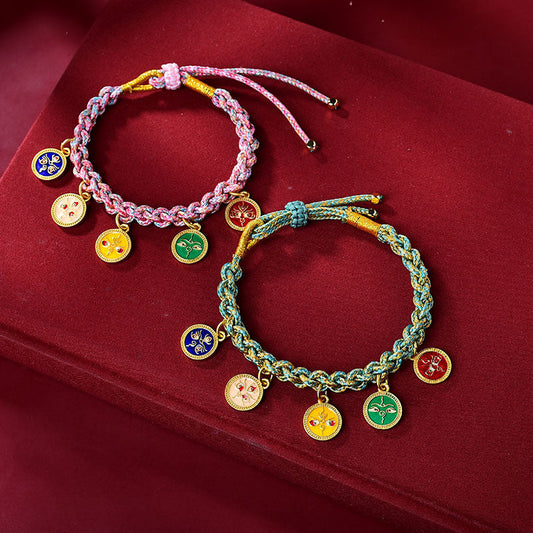 Pulsera trenzada tibetana multicolor hecha a mano con piedras de Buda, con los cinco dioses de la riqueza y la suerte. 