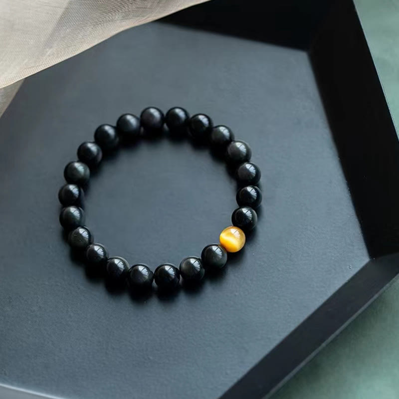 Buddha Stones Armband aus natürlichem Regenbogen-Obsidian und Tigerauge mit positiver Liebe