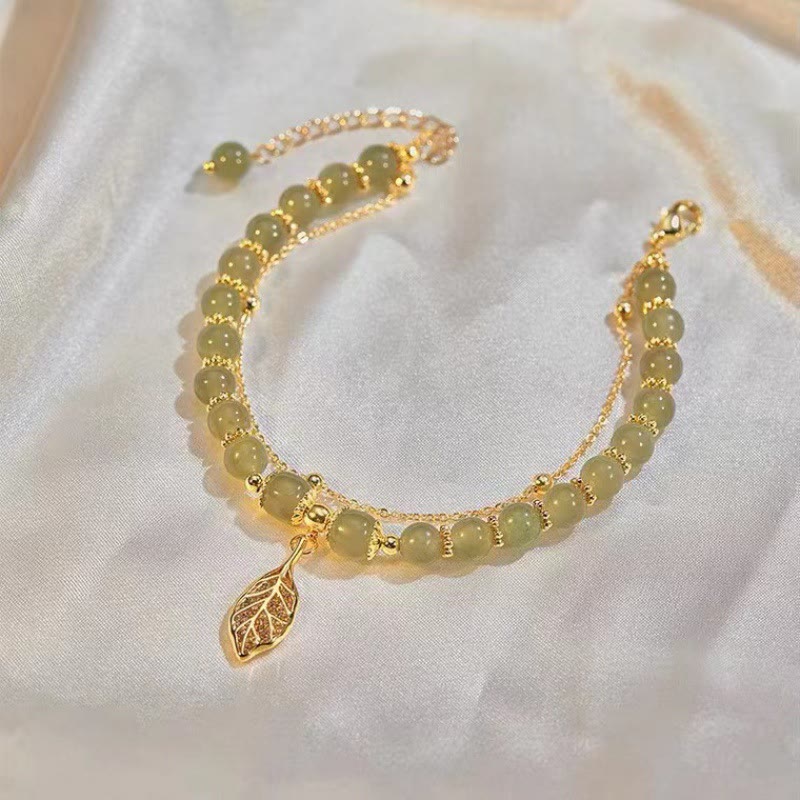 Pulsera de cuentas con piedras de Buda, hojas de jade, ginkgo, tulipán, cacahuete y carácter Fu, con la suerte