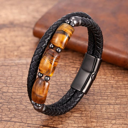 Pulsera de cuero con hebilla magnética y protección de fuerza de voluntad con ojo de tigre natural y piedras de Buda