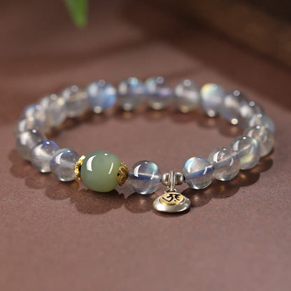 Pulsera positiva de jade hetiano con piedras de Buda del zodíaco chino, plata de ley 925 y piedra lunar natural. 