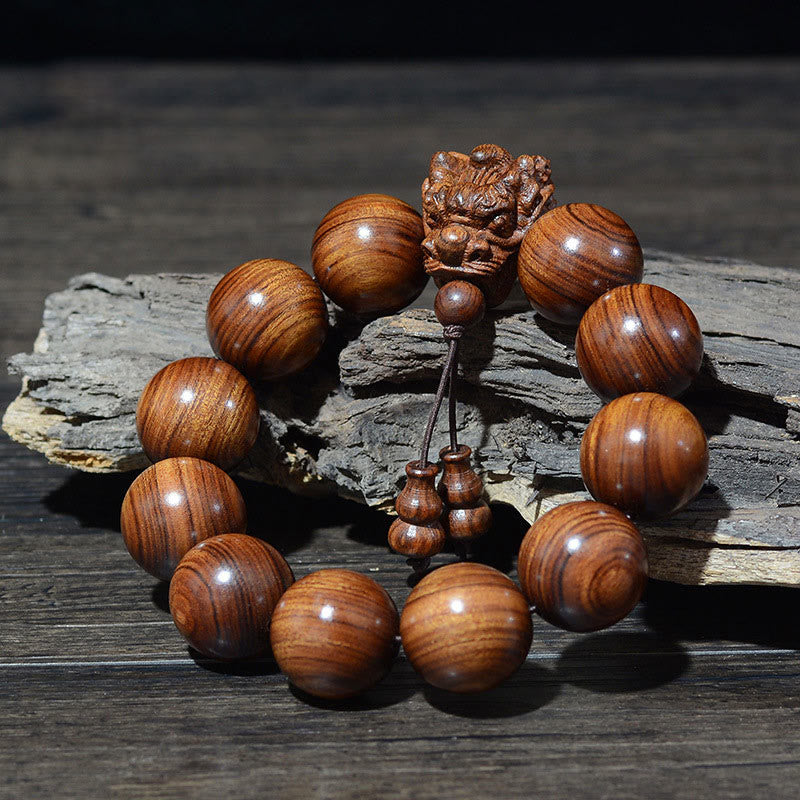 Pulsera de protección con piedras de Buda, palisandro, sándalo verde, hoja pequeña, sándalo rojo, agar y dragón tallado 