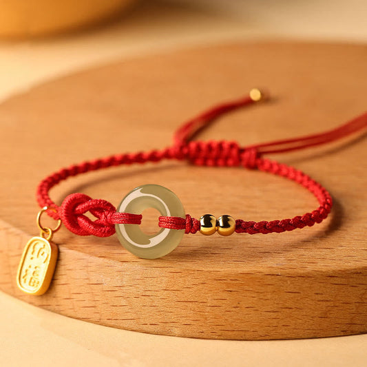 Pulsera de la suerte con hilo de caracteres Fu y hebilla de paz de jade hetiano con piedras de Buda