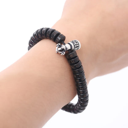 Pulsera de hilo de la felicidad con campana Vajra Dorje Om Mani Padme Hum tallada en cáscara de coco del Tíbet con piedras de Buda 