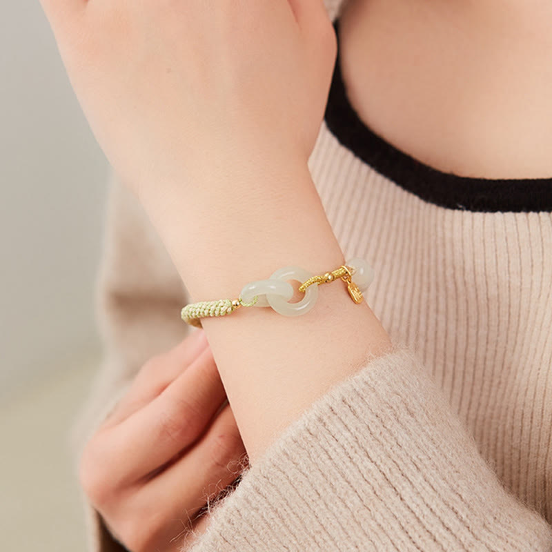 Pulsera trenzada con cuentas de jade hetiano natural de Buda y doble hebilla de paz con carácter Fu 