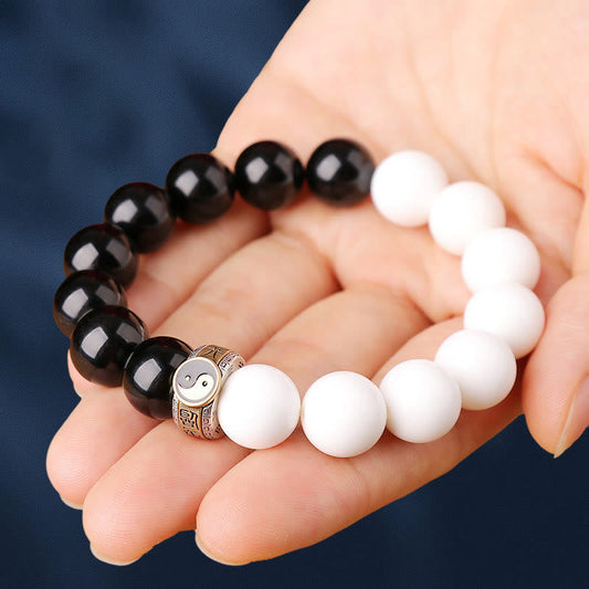 Pulsera de piedra de Buda en plata de ley 925 con obsidiana negra y concha blanca, con fuerza Yin Yang