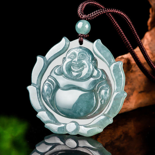 Collar con colgante de la suerte con diseño de Buda sonriente de jade natural y piedras de Buda