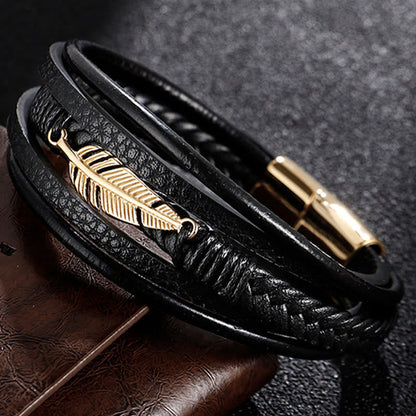 Buddha Stones Feather Pattern Multilayer Leather Titanium Steel Calm Braided Magnetic Buckle Bracelet
