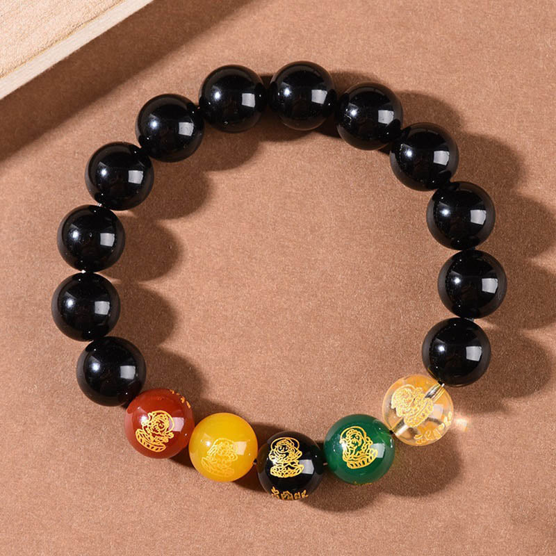 Buddha Stones Gold Sheen Obsidian Rainbow Obsidian Black Obsidian Five Directions Gods of Wealth Bracelet - Touch Bling