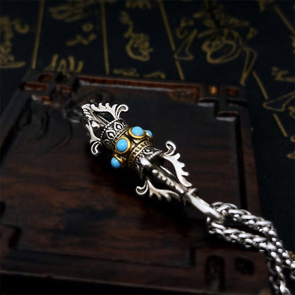 Buddha Stones Tibet Vajra Dorje Pattern Copper Luck Wealth Metal Necklace Pendant