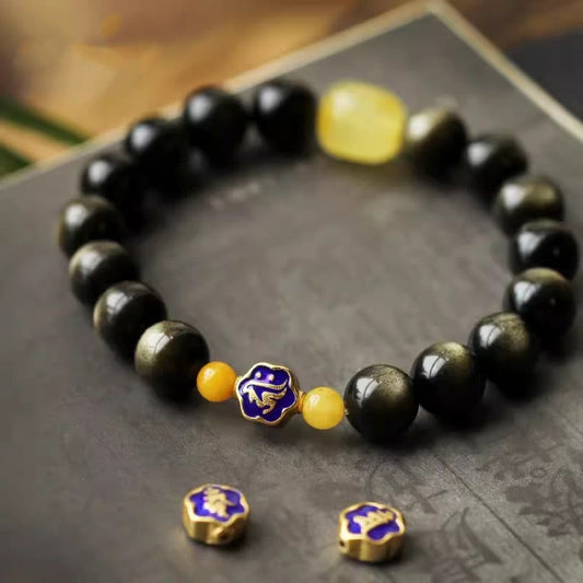 Buddha Stones Armband aus 925er Sterlingsilber mit chinesischem Sternzeichen, Geburts-Buddha, natürlichem Goldglanz, Obsidian und Bernstein, Schutz des Reichtums