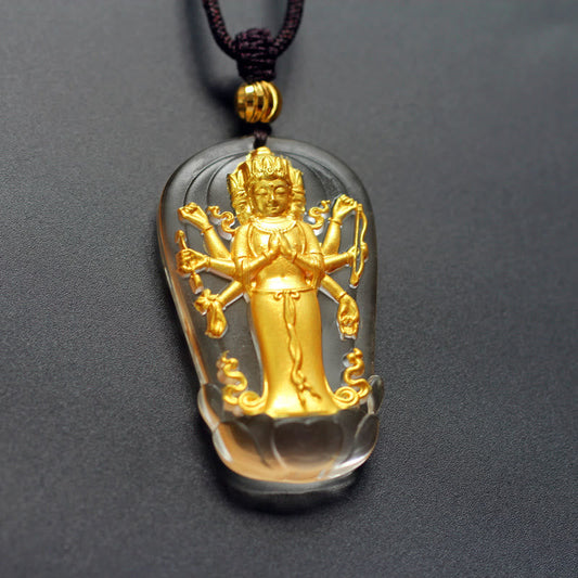 Buddha Stones Tibetischer Achtarmiger Avalokitesvara Guanyin Buddha Vergoldeter Liuli Kristall Reichtum Halskette Anhänger