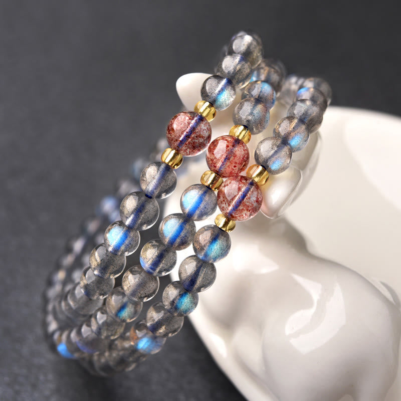 Pulsera de piedras de Buda con piedra lunar, cristal rosa y cinabrio, con propiedades curativas positivas 
