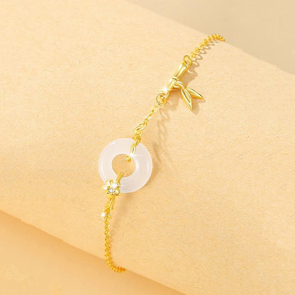 Buddha Stones 925 Sterling Silver Hetian Jade Chalcedony Peace Buckle Bamboo Leaf Prosperity Chain Bracelet