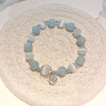 Pulsera con dije de ojo de gato y aguamarina de plata de ley 925 con piedras de Buda