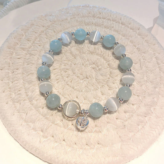Pulsera con dije de ojo de gato y aguamarina de plata de ley 925 con piedras de Buda
