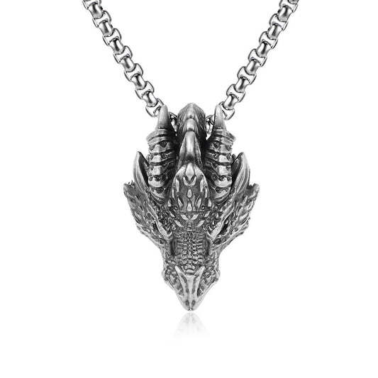 Collar con colgante de metal con cabeza de dragón de estaño puro y piedras de Buda para proteger la suerte 