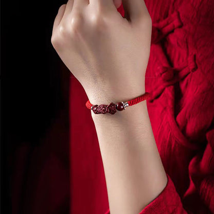 Pulsera trenzada de PiXiu Cinabrio para la Riqueza y la Suerte, hecha a mano con piedras de Buda 