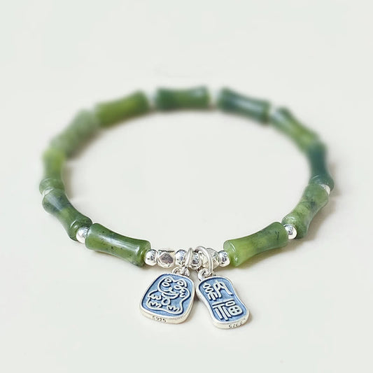 Buddha Stones 925 Sterling Silber Bambus Jade Glückskatze Fu Charakter Glück Fülle Armband 