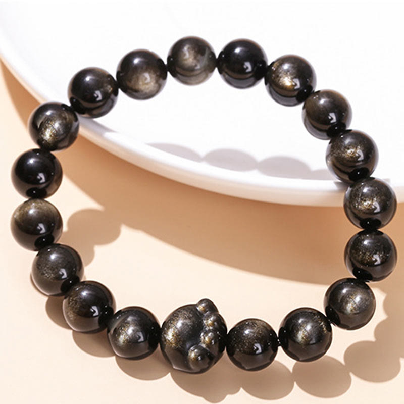 Pulsera de riqueza con garra de gato y obsidiana con brillo dorado natural y obsidiana con brillo plateado. 