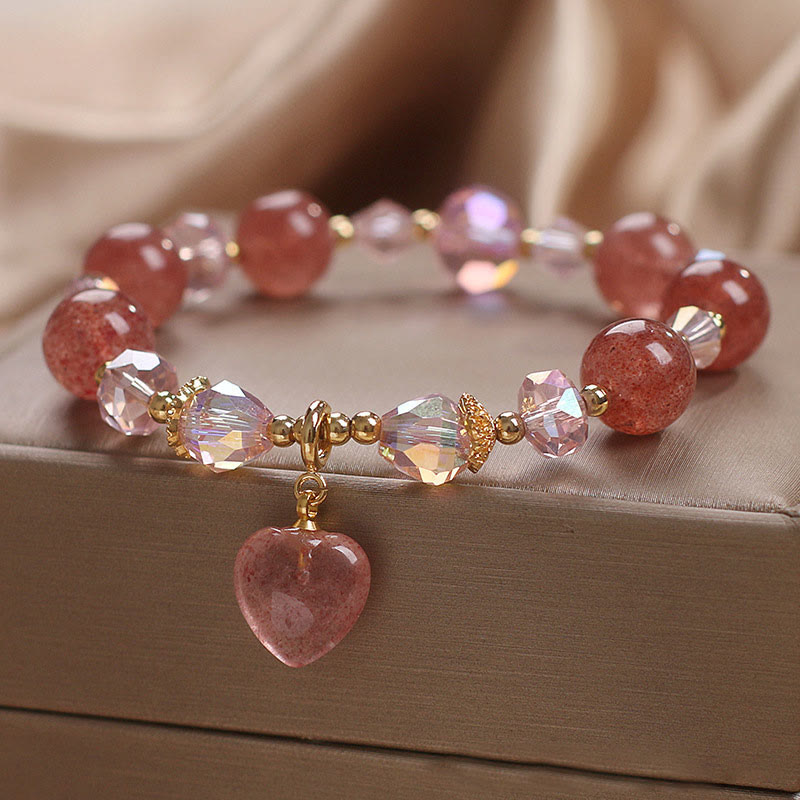 Pulsera de cristal de cuarzo fresa natural con piedras de Buda, con amor, corazón y sanación positiva 